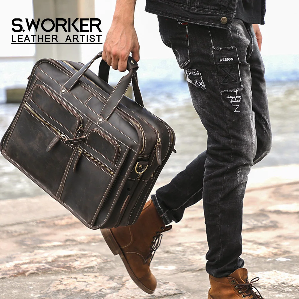 S.WORKER Premium Echtleder Business-Handtasche 16" Laptop Vintage Herren-Aktentasche für Arbeit & Reisen – Detail 2
