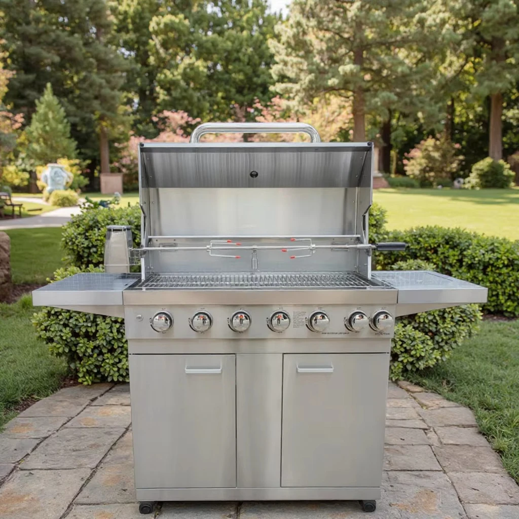 Outdoor Party Camping High Quality 6 Burner Gas Grill Portable Steel Wheel Enamel Grill & Campground Grill