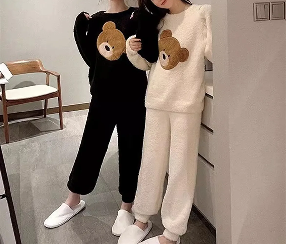 2cs  Pajamas Women\'s Autumn Winter Flannel Korean Version Cartoon Bear Kawaii Thickened Plush Velvet Coral Cute HomewearBirthday