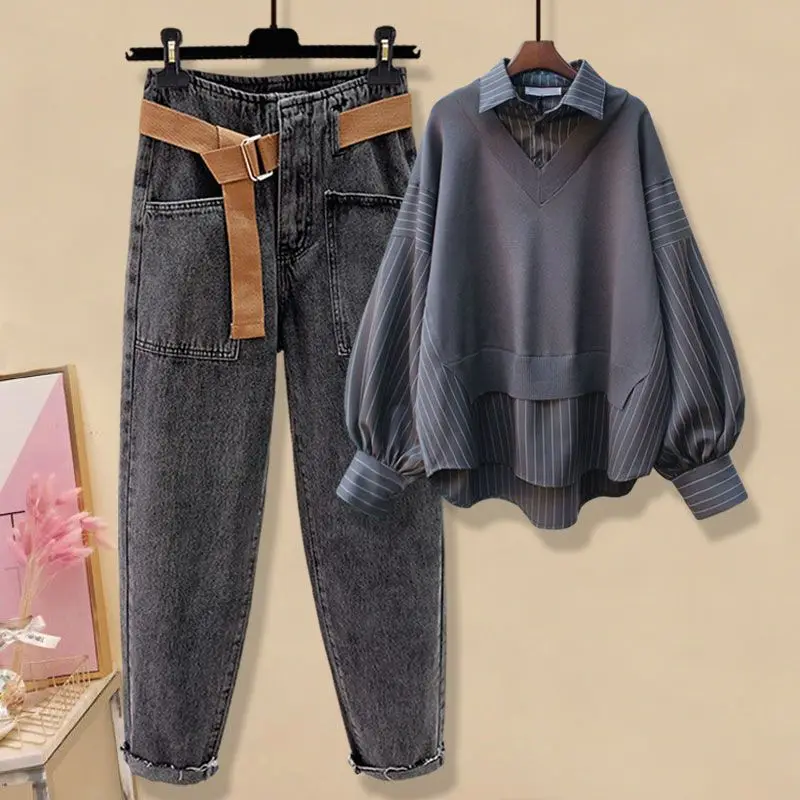 Women's Spring Autumn Casual Stripe Patchwork Shirts Denim Pants 1 or Two Piece Set Lady Loose Long Sleeve Tops Jeans Outfits