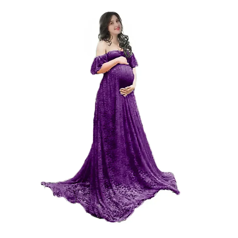 Women Pregnancy Dress for Photography Off Shoulder Ruffles Sleeveless Lace Maternity Long Dress Baby Shower Evening Gown