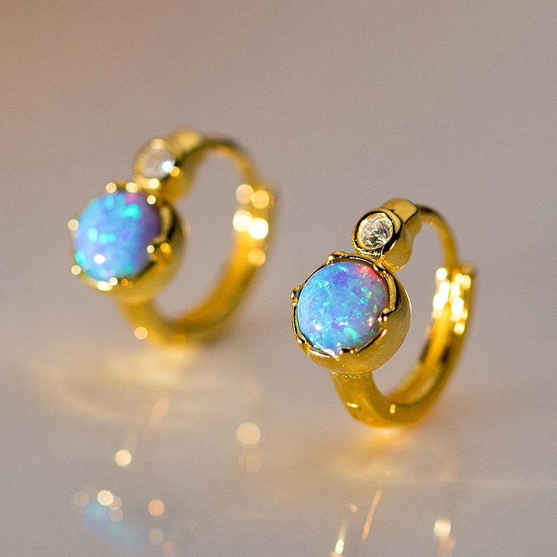 

925 Sterling Silver Mini Round Opal Zircon Hoop Earrings Girls Simple Fashion Light Luxury Jewelry Party Accessories