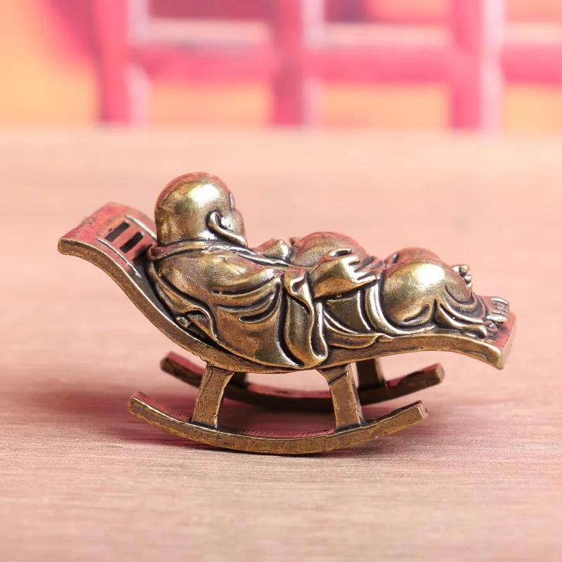 Vintage Brass Laughing Buddha Figurine Mini Happy Buddha on Rocking Chair Statue Desktop Ornament Retro Feng Shui view 4