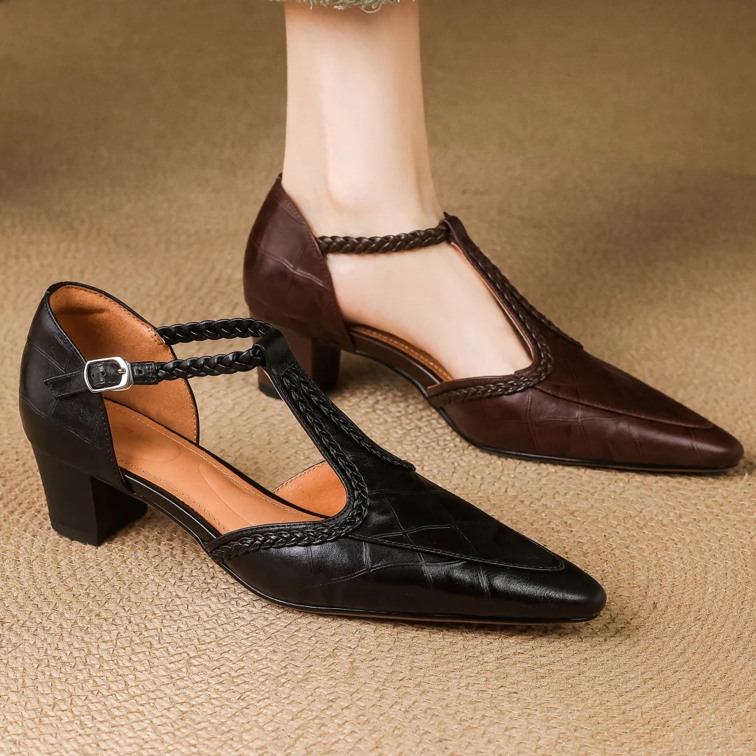 

Женские сандалии из коровьей кожи с узким ремешком и Т-образным ремешком, элегантные женские летние тонкие туфли-лодочки на среднем каблуке толщиной 4,5 см, повседневные модельные туфли-лодочки на каблуке