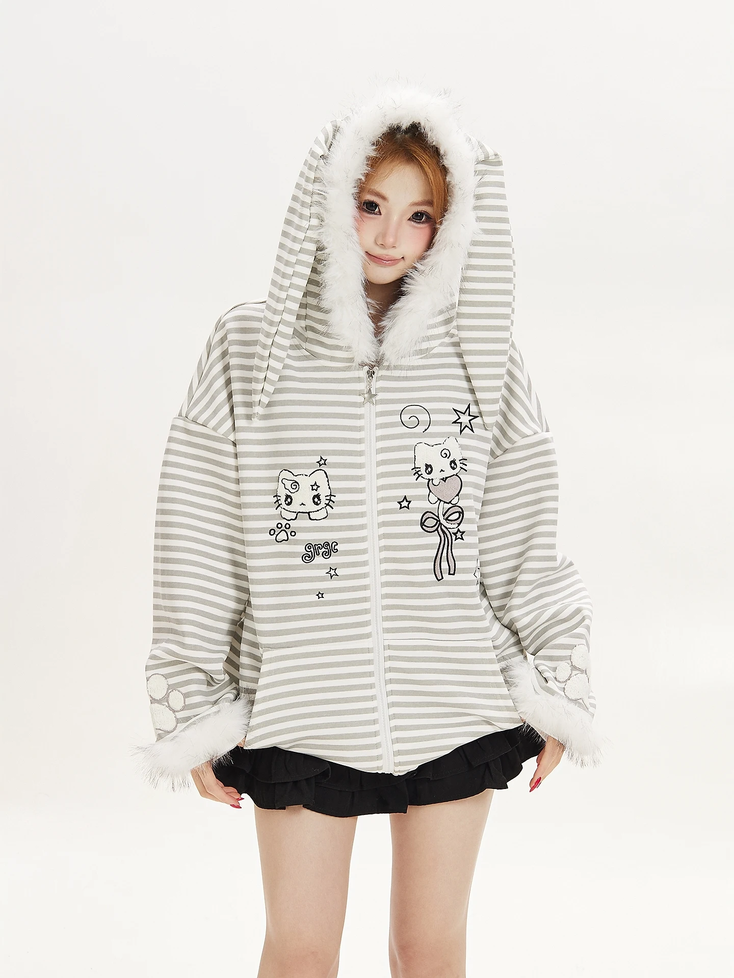 Gradpopu Women's Oversized Hooded Jacket Rabbit Ear Cartoon Embroidery Fur Collar Sweatshirt Cardigan Spring Autumn Cotton