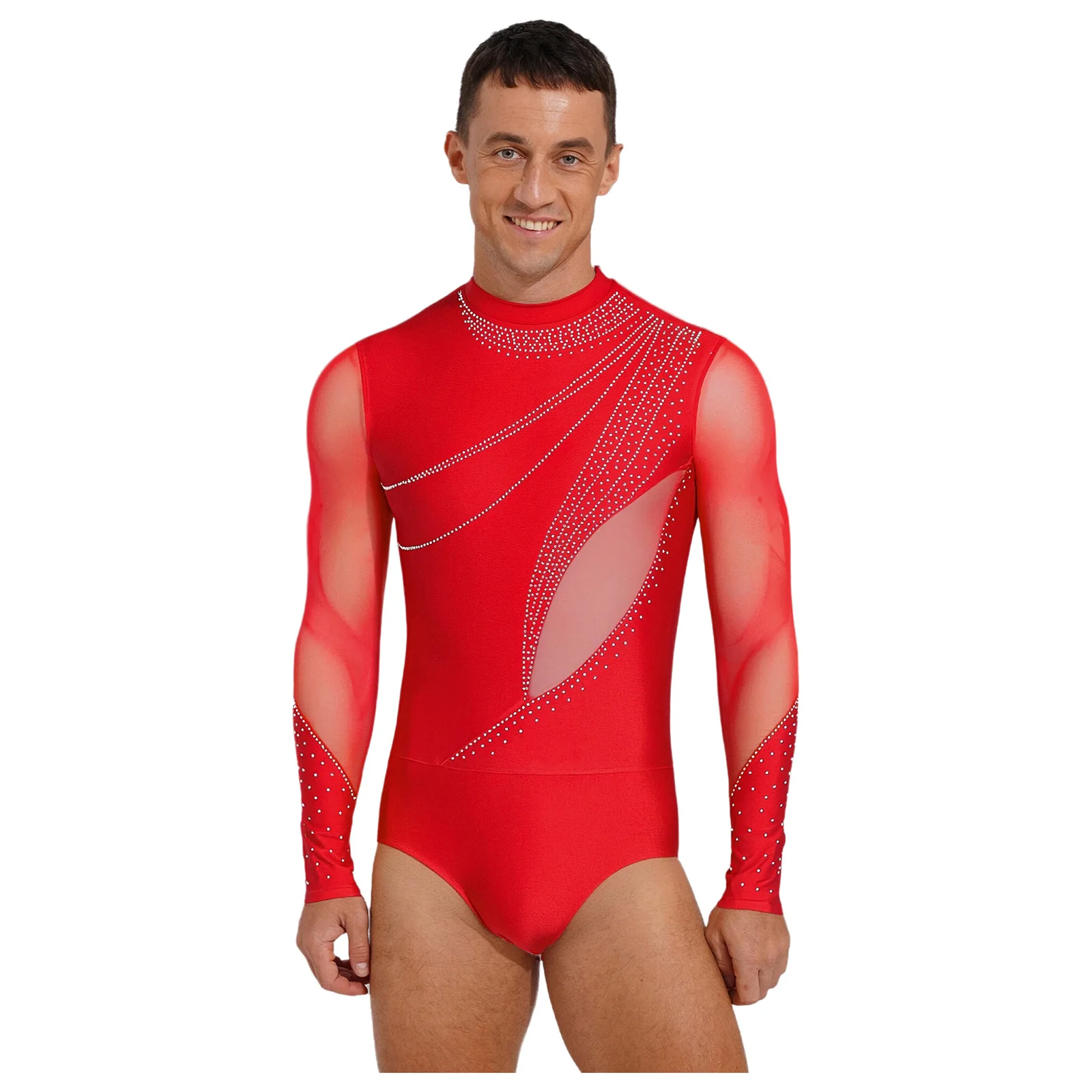 

Men's Rhinestones Stretchy Ballet Waltz Tango Dance Leotard Long Sleeve Mesh Gymnastics Ballet Figure Skating Dance Costumes