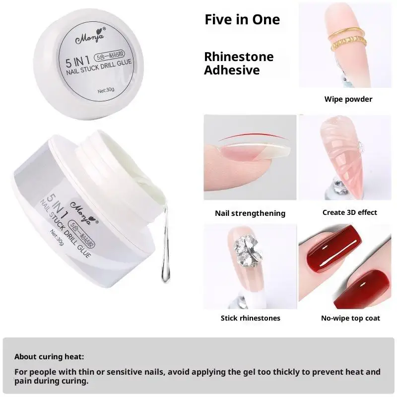 5 IN 1 Nail Glue Gel Scratch Resistant Multi-functional Rhinestone Adhesive Reinforcement Gel for Professional Nail Salons