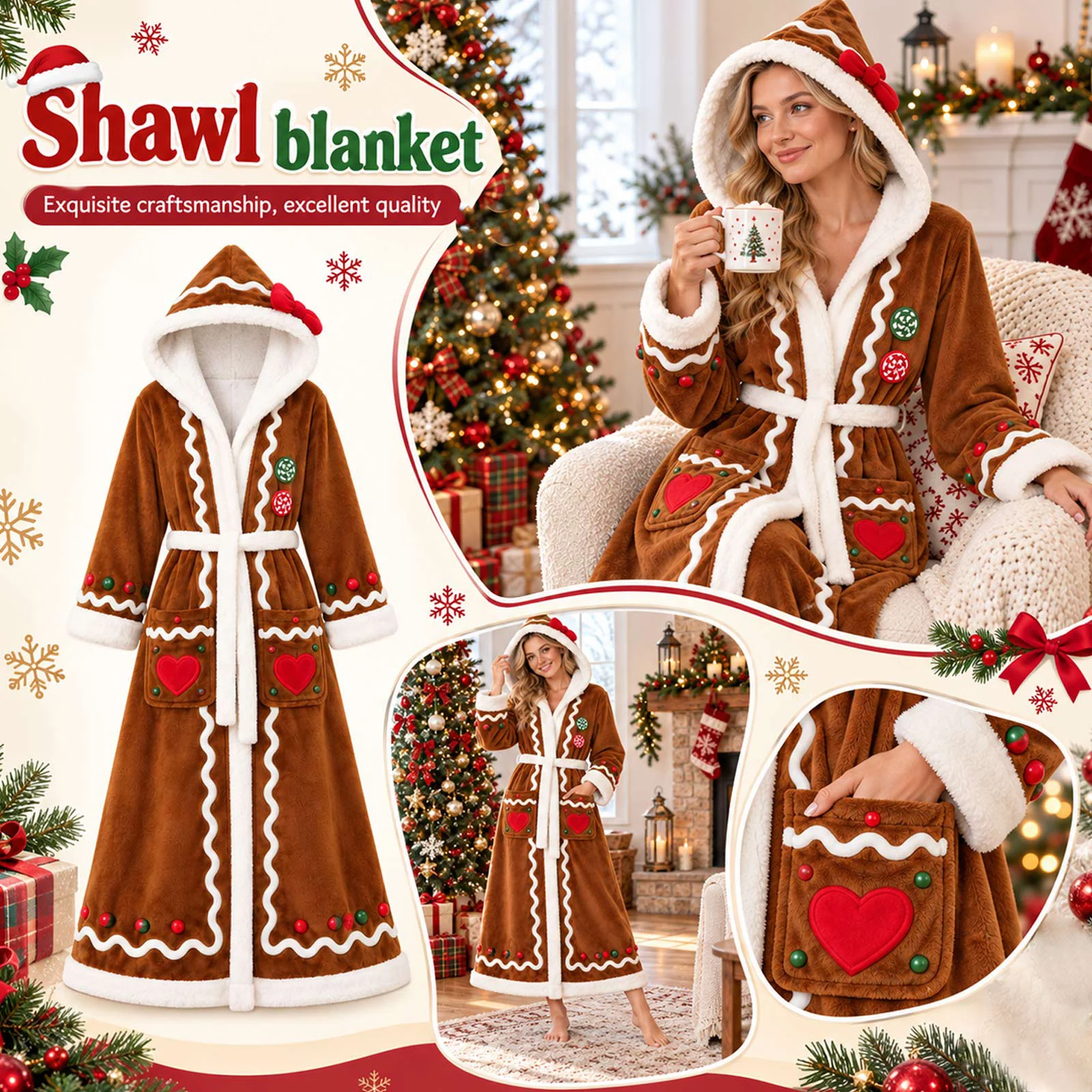 Gingerbread Shawl Blanket Christmas Hooded Wrap Blanket Shawl Winter Warm 3d Hooded Festive Wear Cozy Lounge Wearable Long Robe