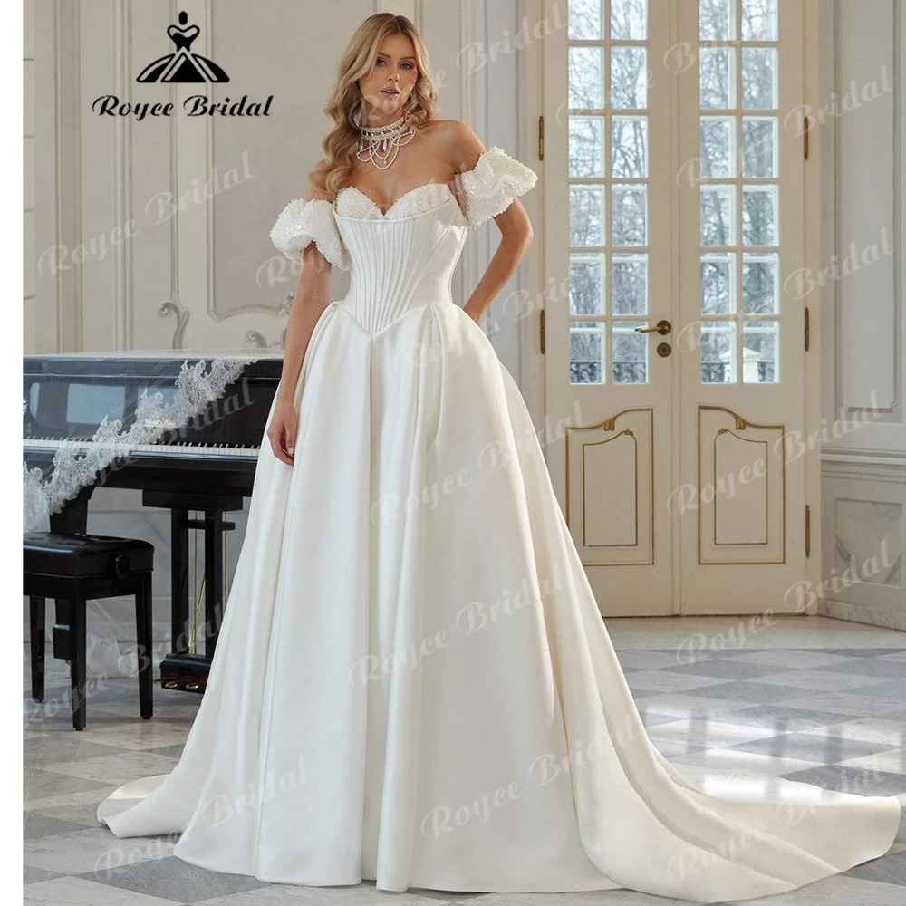 Off The Shoulder Satin Ball Gown Wedding Dress Pleated Corset Bodice  Detachable Sparkly Puff Sleeve Bridal Gown Customized