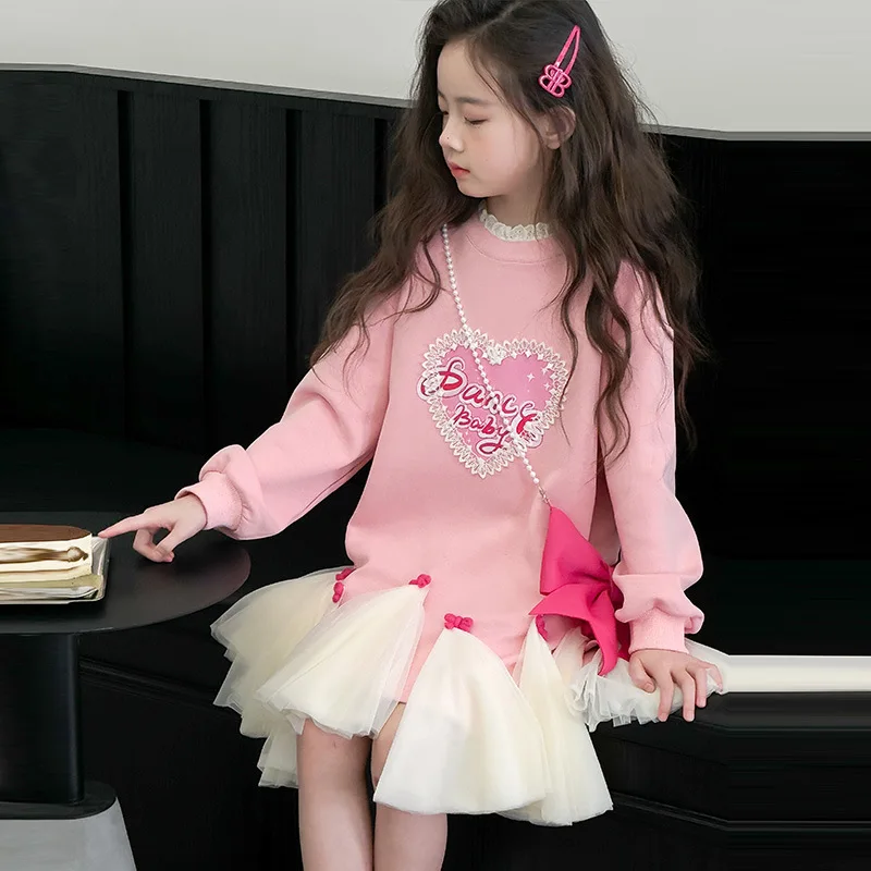 2024 Spring Autumn Children Girl Dress School Girl Pink Love Print Dress Patchwork Lace Gauze Bow Dress Junior Girl Sweet Dress