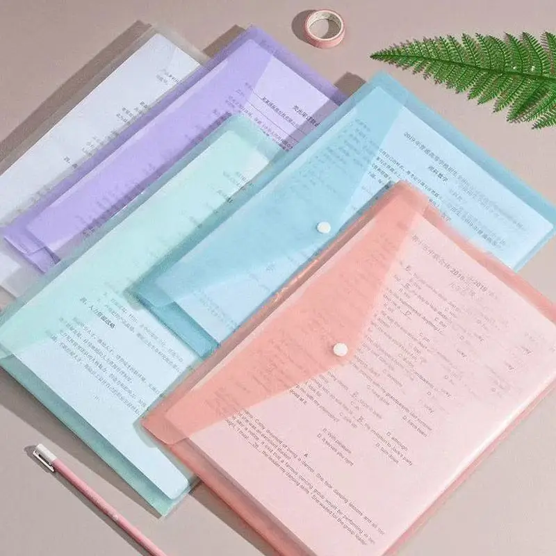 

5Pcs A4 Transparent Plastic Snap File Folders Morandi Macaron Color Waterproof Document Storage Bags Office Stationery