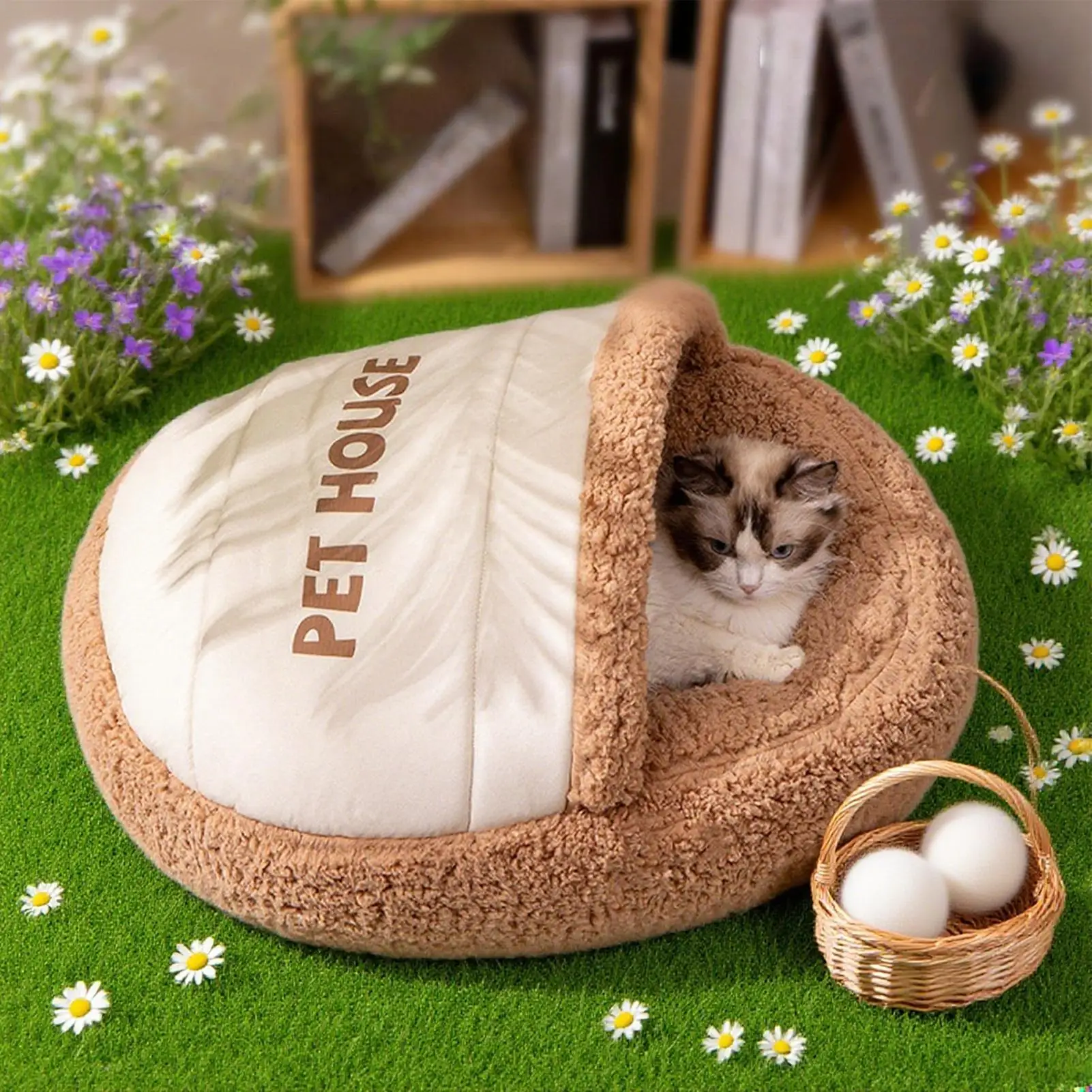 

1 шт., плюшевая кровать для кошек, утолщенная и повышенная теплая корзина для кошек, спальный мешок для домашних животных, полузакрытая будка для маленьких собак, товары для домашних животных