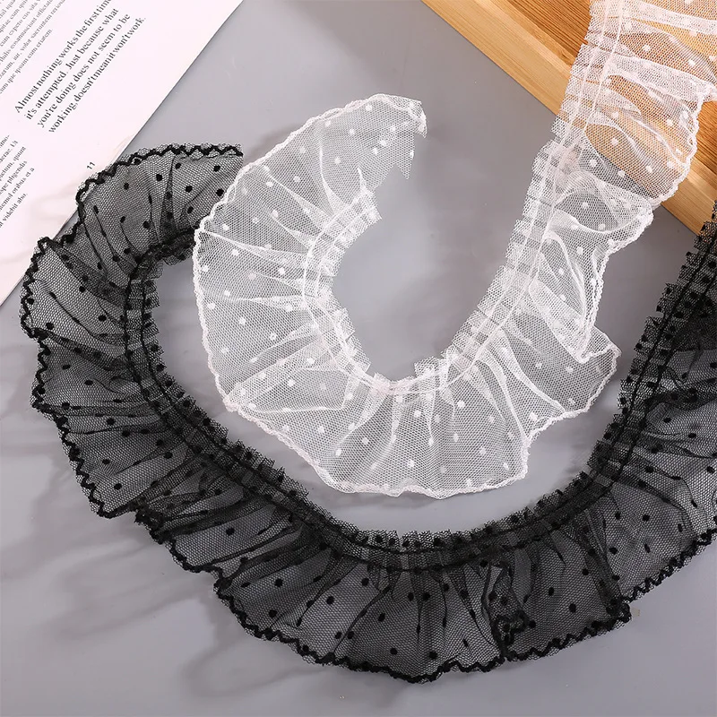 5CM wide white black tulle mesh Polka dot embroidery pleated lace fabric dress collar ruffle trim ribbon diy crafts sewing decor