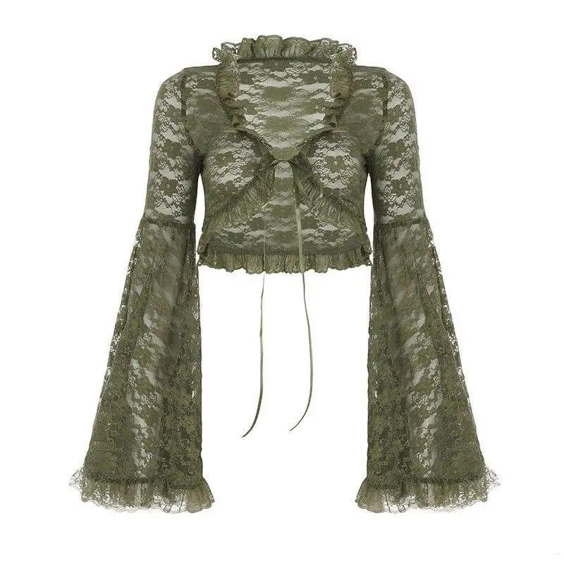 Modische Grüne Spitzen-Oberteile mit Bändern, Gothic Transparente Ausgestellte Ärmel, Crop-Mantel für Damen, Durchsichtige Patchwork-Club-Party-Glockenärmel-Blusen 2026 – Detail 7