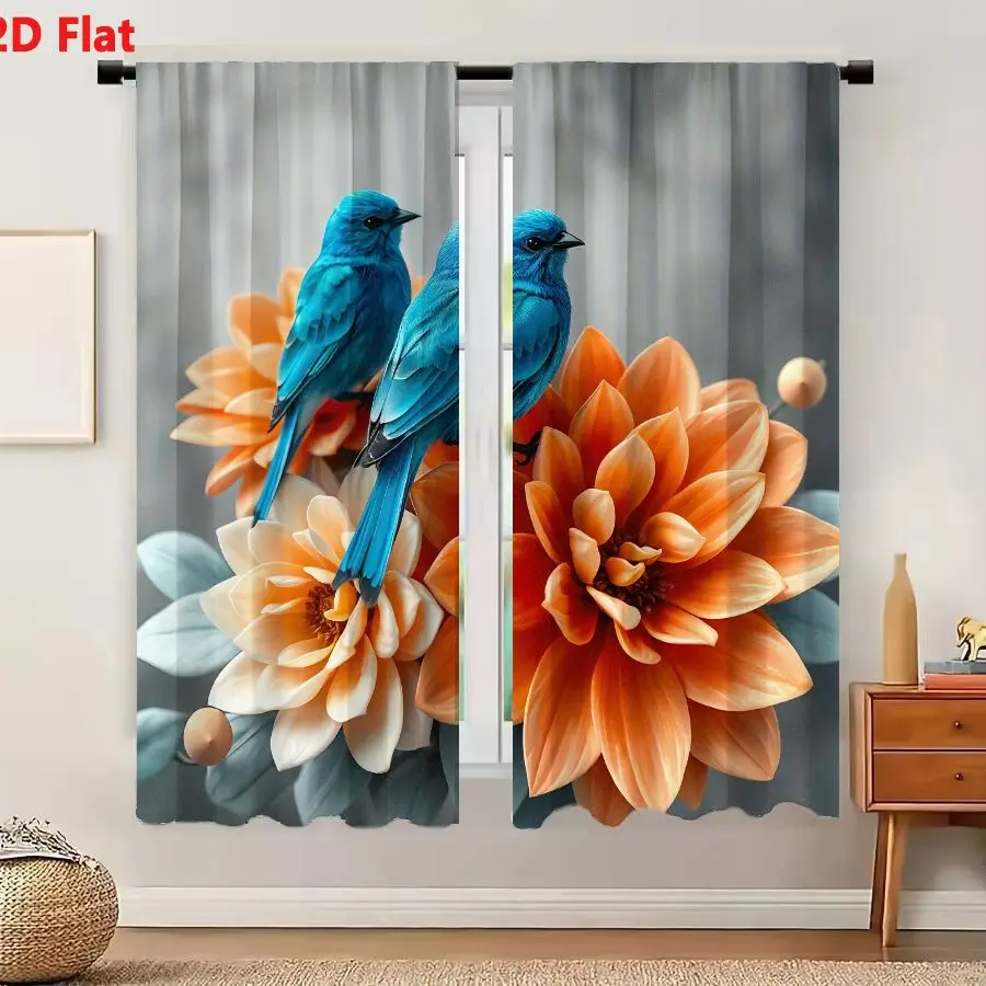 2Pcs Curtains 2D Flat Vibrant Blue Birds Perched On Stylized Orange Peach Flowers With Cream Blooms Green Leaves And Peach Buds