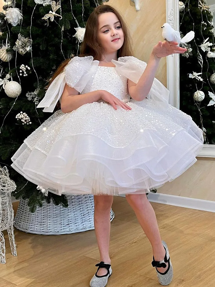 Große Schleife flauschige Party kleider für Mädchen weiße Pailletten Perlen Prinzessin Tutu Kind Mädchen mit Pailletten Tüll Blumen mädchen Kleid 2024