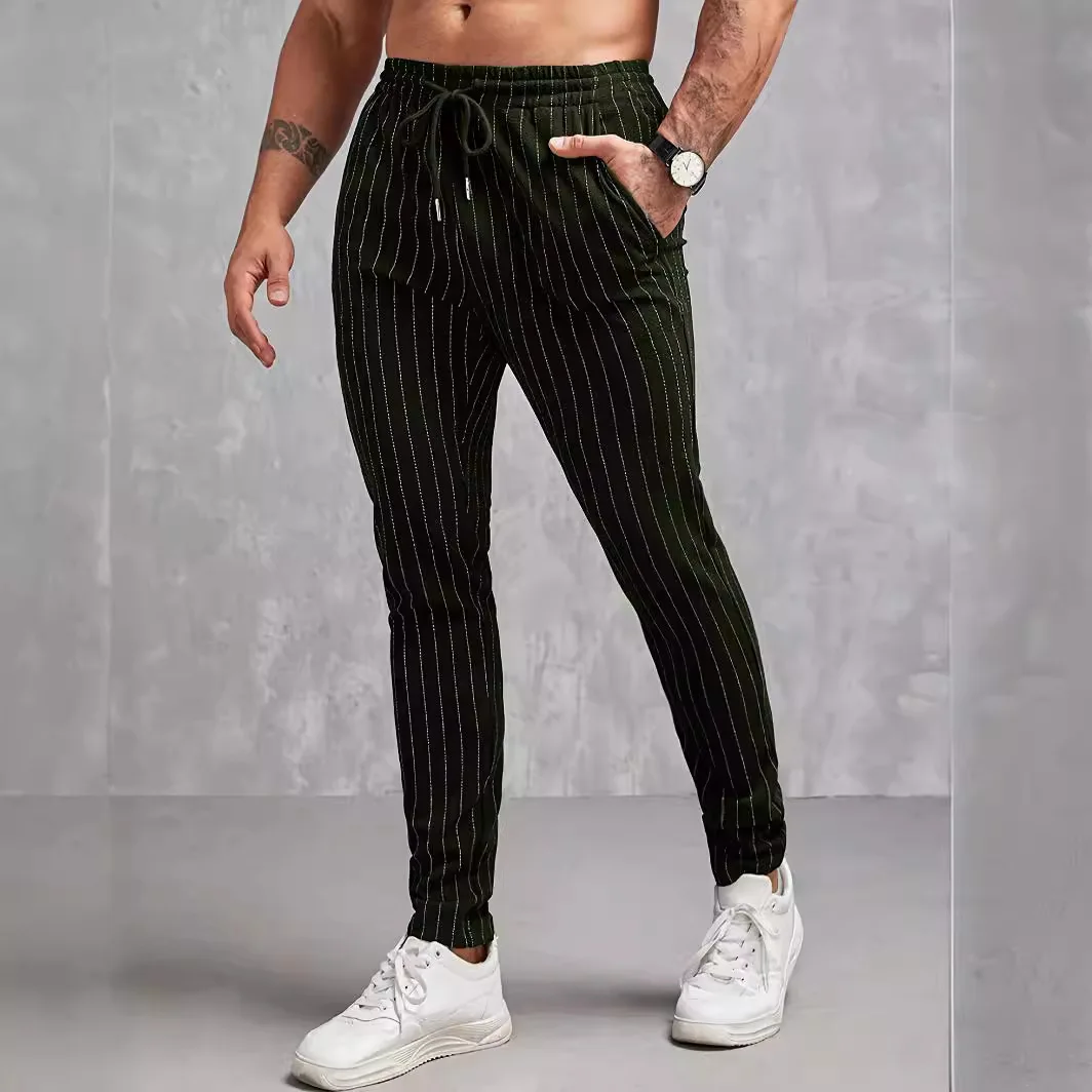 Male All Matching Striped Trousers Pattern Color Block Pocket Beach Casual Pants Drawstring Wide Leg Straight Pants