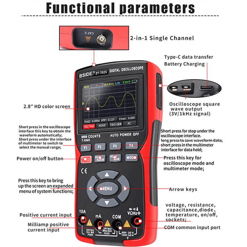 ZT-702S 2In1 Digital Oscilloscope Multimeter Professional Real-time sampling rate 48MSa/s 10MHz Analog Bandwidth Data Storage