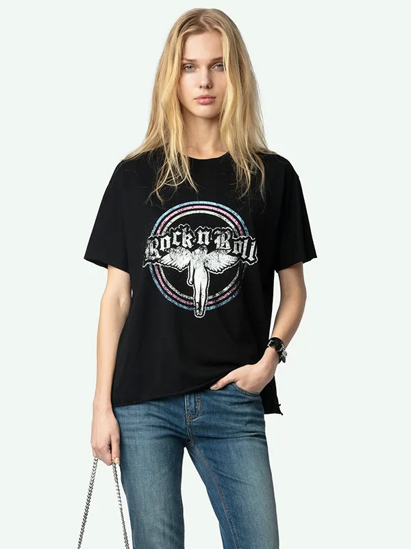 

Spring New round Ne ort Sve T-irt Women's Printed Angel Stamp Heat Transfer Diamond Split Street Sle Loose Fit Cotton