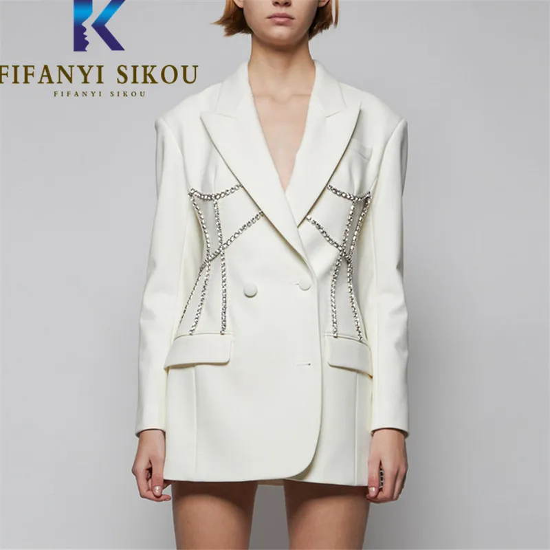 

Spring Autumn Women White Blazer Jacket Diamonds Decoration Fashion Slim Suit Jacket Double Breasted Chic Blazers Coat Female