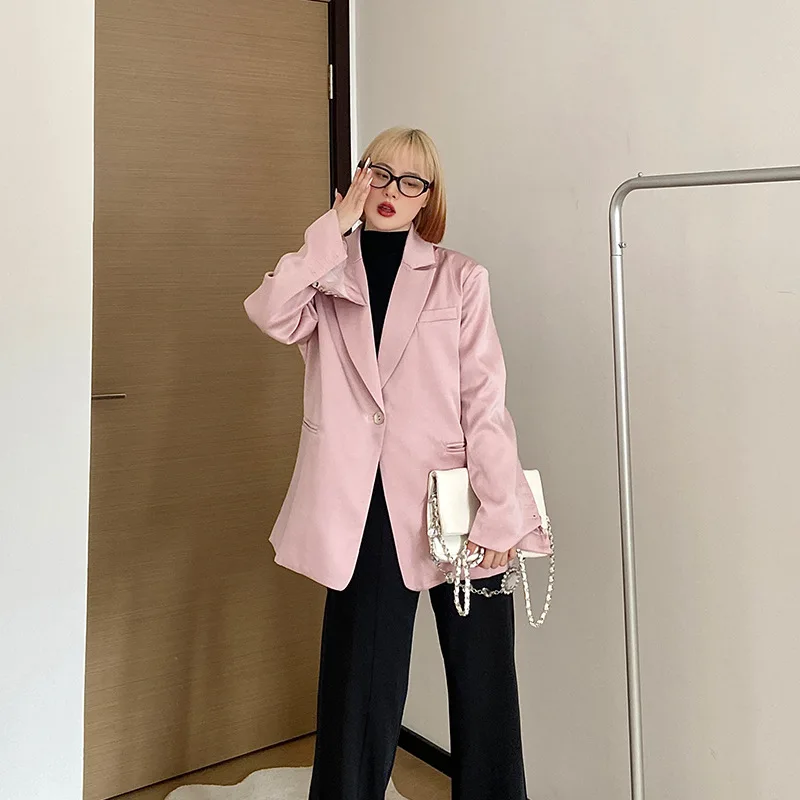 Women Office Wear Suits Pink Brazers Early Autumn Temperament Niche Satin Loose Commuting Ladies Solid Coats Fashion Clothing