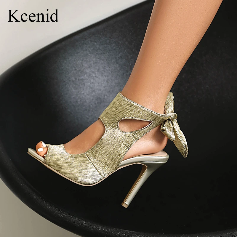 

Kcenid Summer New Women's Sandals Gold Strap Bow Hollow Sexy Sandals Elegant Party Super High Heels Peep Toe Shoes Women