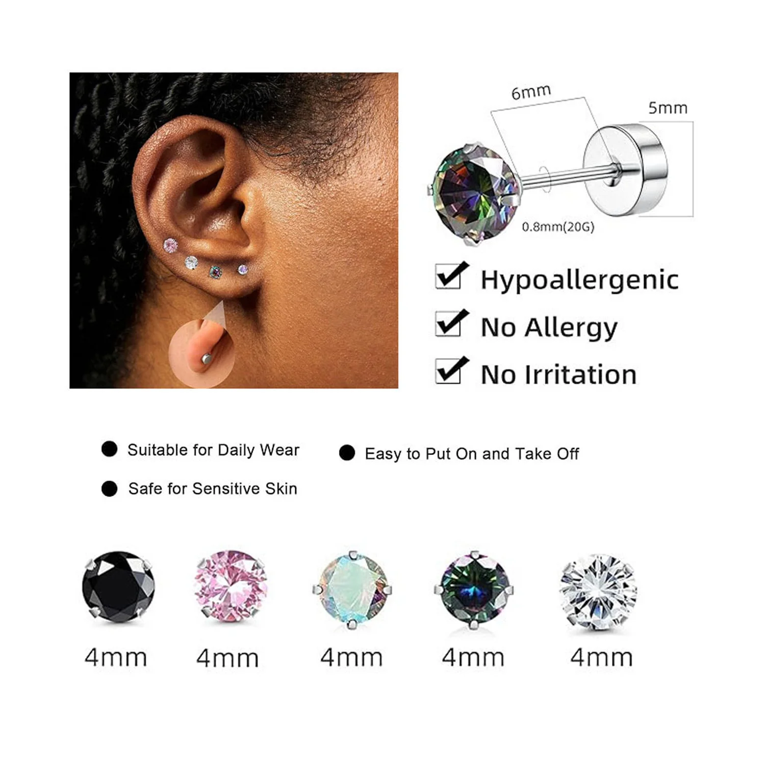 5 Pairs/Set 316L Stainless Steel Stud Earrings with Four-Prong Colored Zircon Stones, Daily Accessories for Men and Women