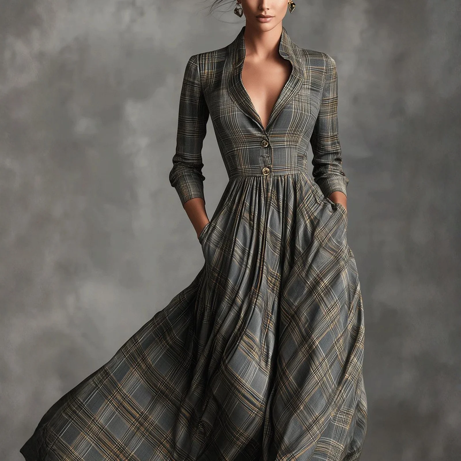 女性ルーズ V ネックドレススタイリッシュなチェック柄長袖ポケット付き居心地の良いドレス女性屋外旅行美しいドレス
