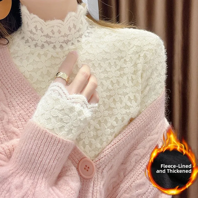 

Женская утепленная базовая кофта с кружевной отделкой, полувысоким воротником, осенне-зимняя, с флокированным плюшем, сетчатая, в корейском стиле
