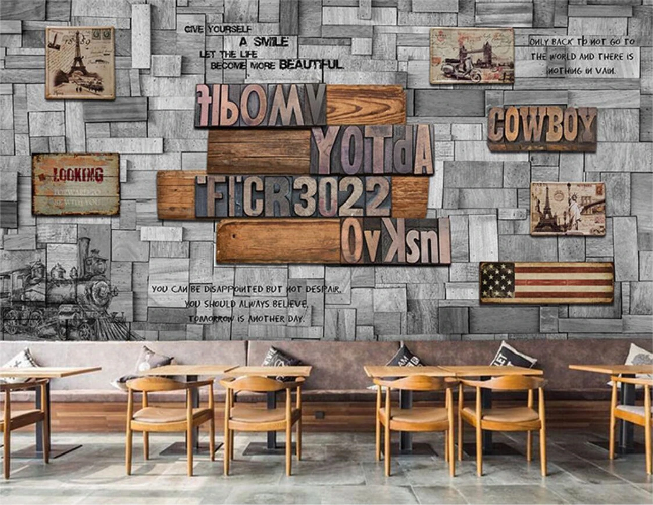 

Custom Retro English alphabet decorative wallpaper clothing store ktv clear bar nostalgic industrial wind wood mural wall paper