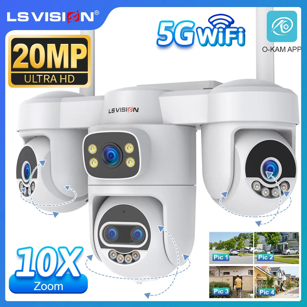 LS VISION 20MP 10X Zoom Four Screens WiFi Security Camera Outdoor 5-Lens Three PTZ Auto Tracking CCTV Camera PC Client Supported