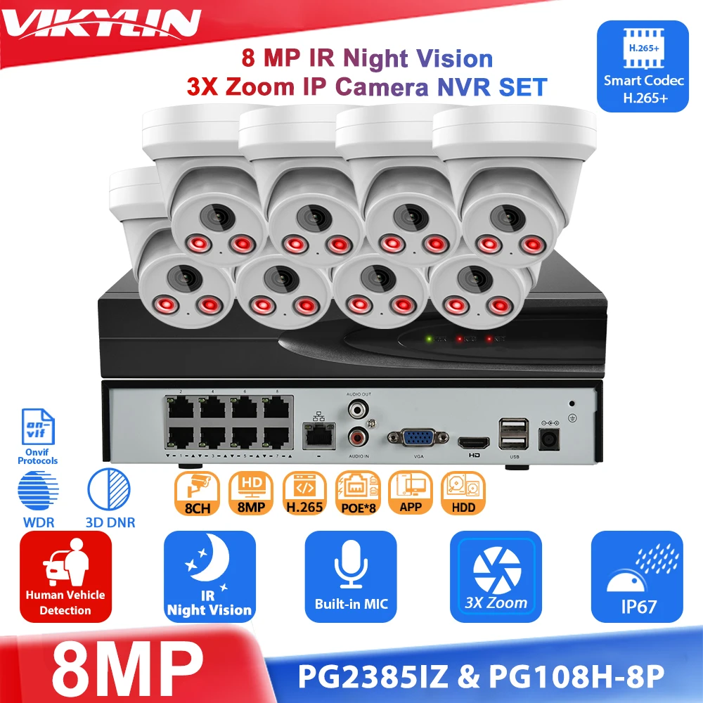 Vikylin 8MP 3X Zoom IR Night Vision IP Camera Human Vehicle Detection 8POE Outdoor Security System Network Video Recorder Kit