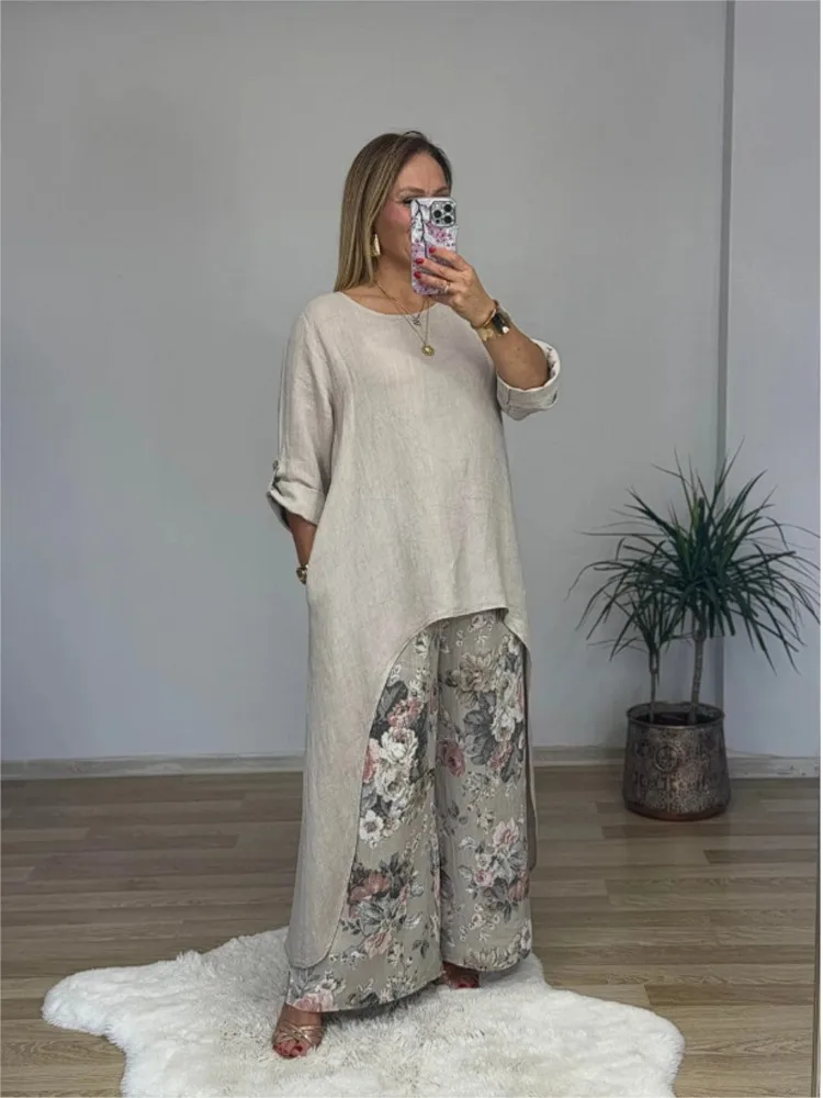 

Women Cotton Linen Pant Set 2 Pieces Casual Half Sleeve Solid Loose Blouse&Prints High Elastic Waist Wide Leg Full Trousers Suit