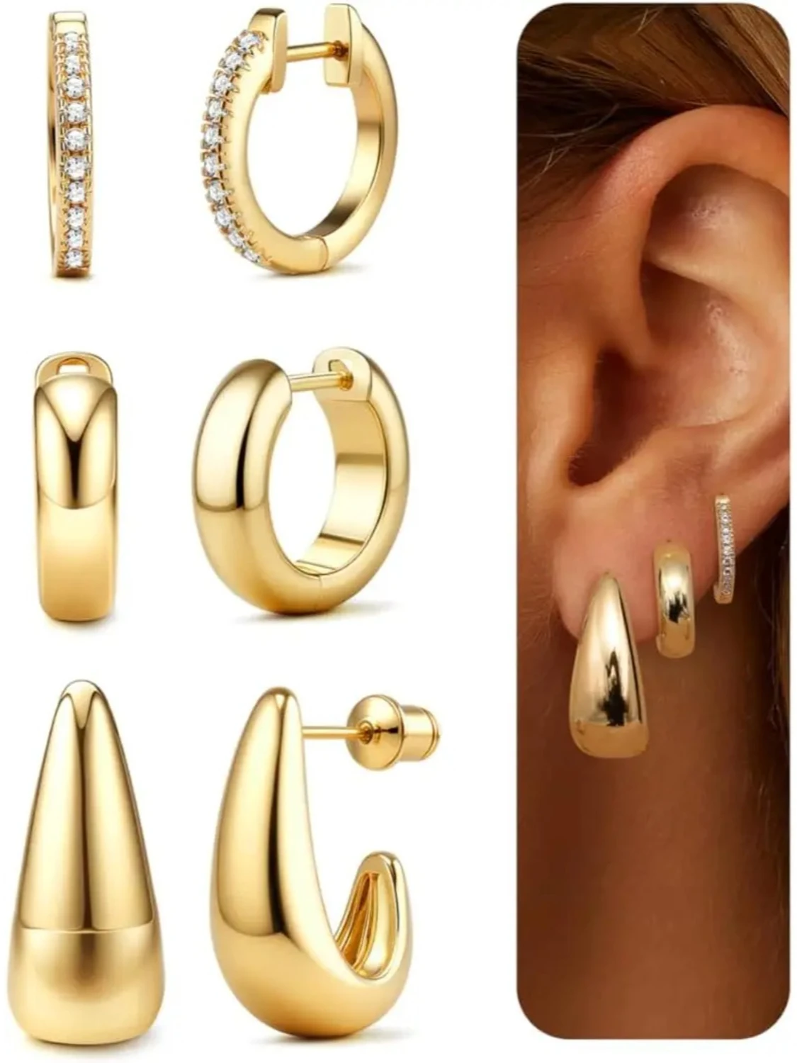 Florideco 3 Pairs Gold Hoop Earrings for Women Hypoallergenic Earrings 18K Gold Plated Earrings Lightweight Cartilage Stackable