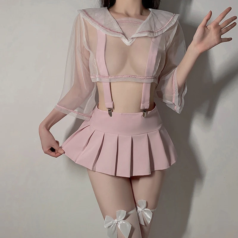 Porn Student Uniforms Transparent Mesh JK Skirt 18+ Kawaii Cosplay Maid Uniform SCHOOL UNIFORM Erotic Costume Pleated Skirt Suit