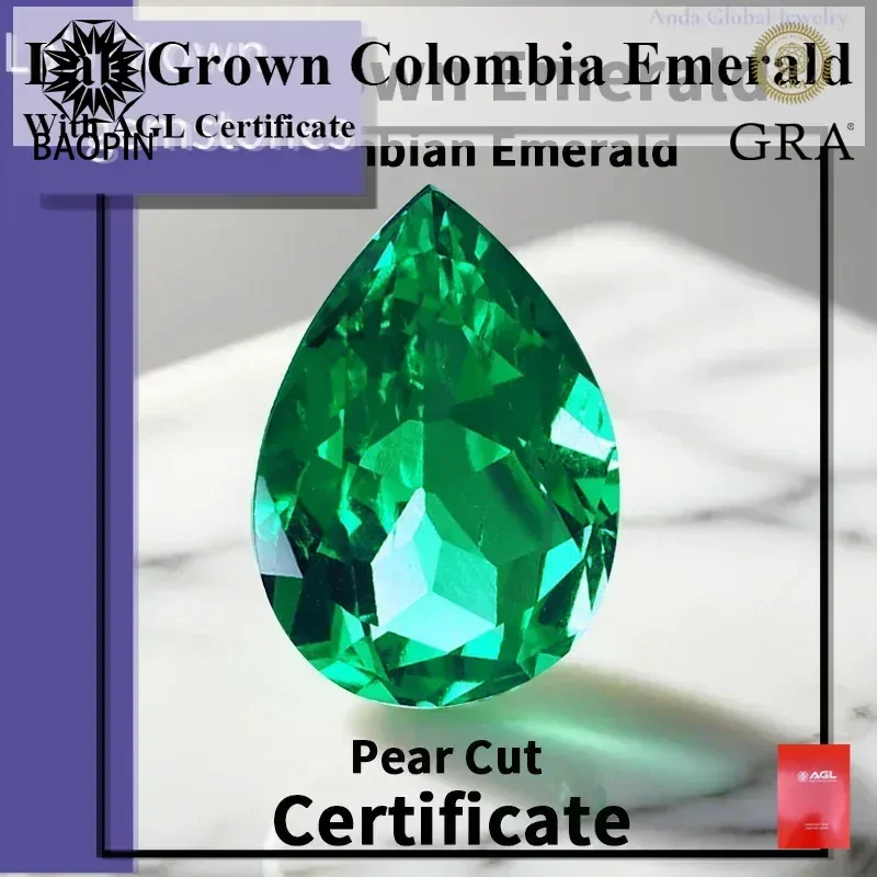

Lab Grown Colombia Emerald Pear Shape Hand-cut Hydrothermal Gemstone Beads
