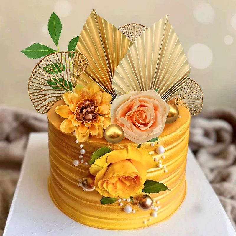 

Suit Golden Palm Leaf Paper Fan Cake Topper Rose Flower Metal Ball Baby Shower Romantic Wedding Birthday Party Cake Decoration