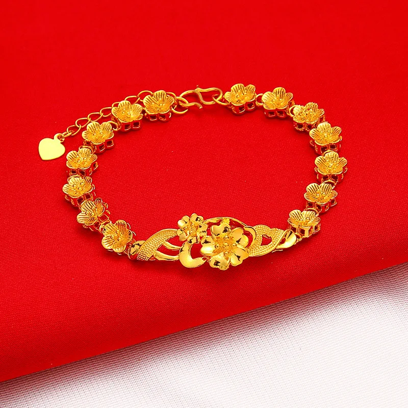 Fylia Jewelry   Vintage Single-Row Flower Bracelet for Women, 24K Gold, AU999 | Minimalist petal design with 4MM gold beads, sub