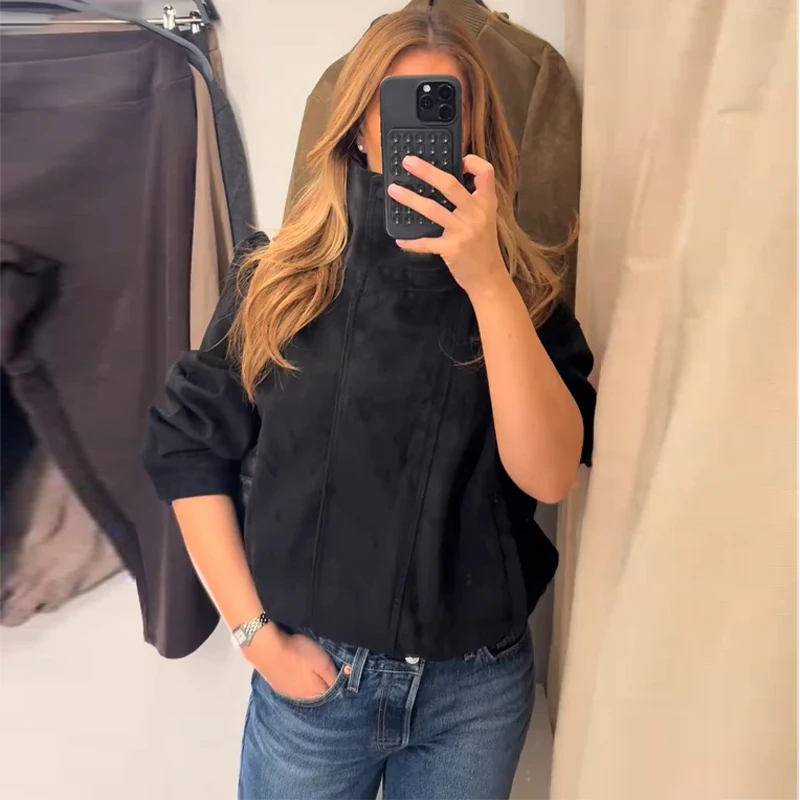 Oversize-Mäntel für Damen, Stehkragen, seitliche Knopfleiste, lange Ärmel, Jacken mit Reißverschluss, Herbst, Damen, geraffte, einfarbige, lockere Jacke, neue Oberbekleidung – Detail 12