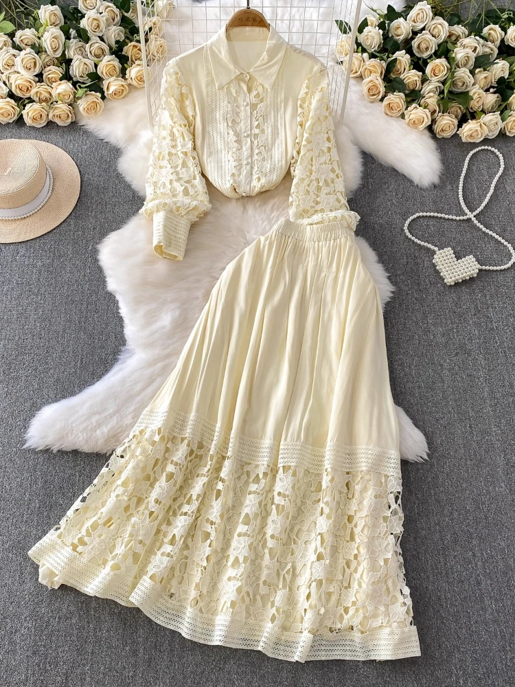 Autumn Skirt Sets Women Clothing Elegant 2-Piece Set Patchwork Lace Blouses High Waist Hollow Out Long Skirts Suit Summer Outfit