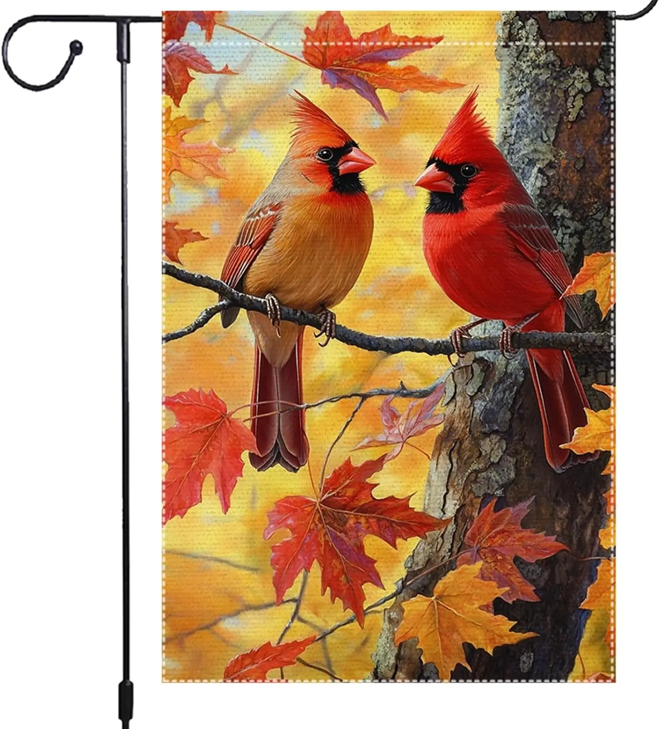 Fall Cardinal Garden Flag, Small Red Bird Maple Leaves Outside Burlap Decor, Autumn Yard Lawn Outdoor Decoration Home Double UUN