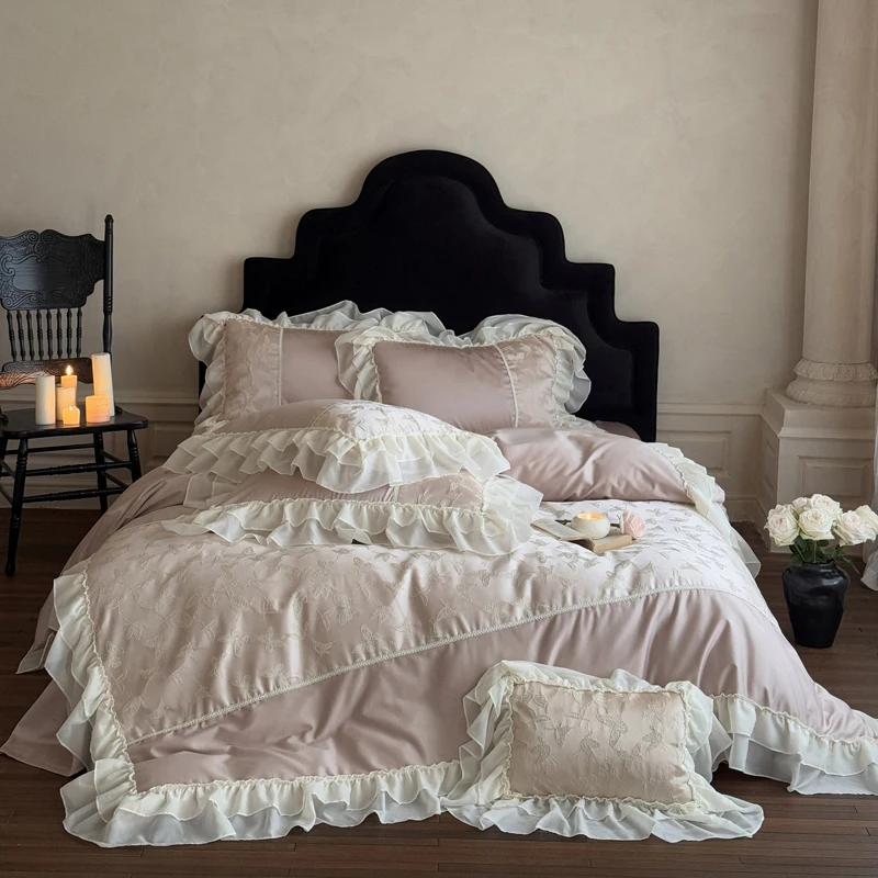 Luxury Princess Lace Ruffle Edge 1000TC Egyptian Cotton Bedding Set Duvet Cover Set Flat/Fitted Bed Sheet Pillowcases 4Pcs