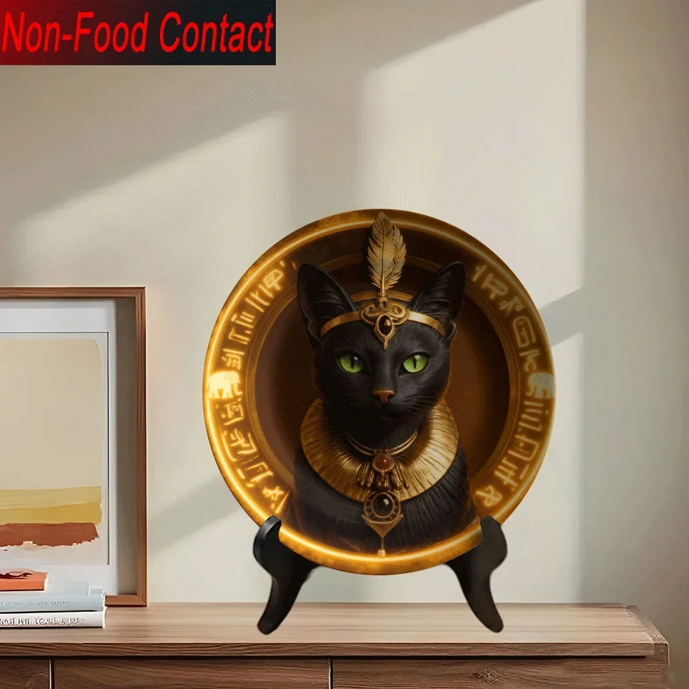 1pc Egyptian Black Cat & Anubis Head Ceramic Decorative Plate - Non-Food Contact Surface, Elegant Ancient Egyptian Design with