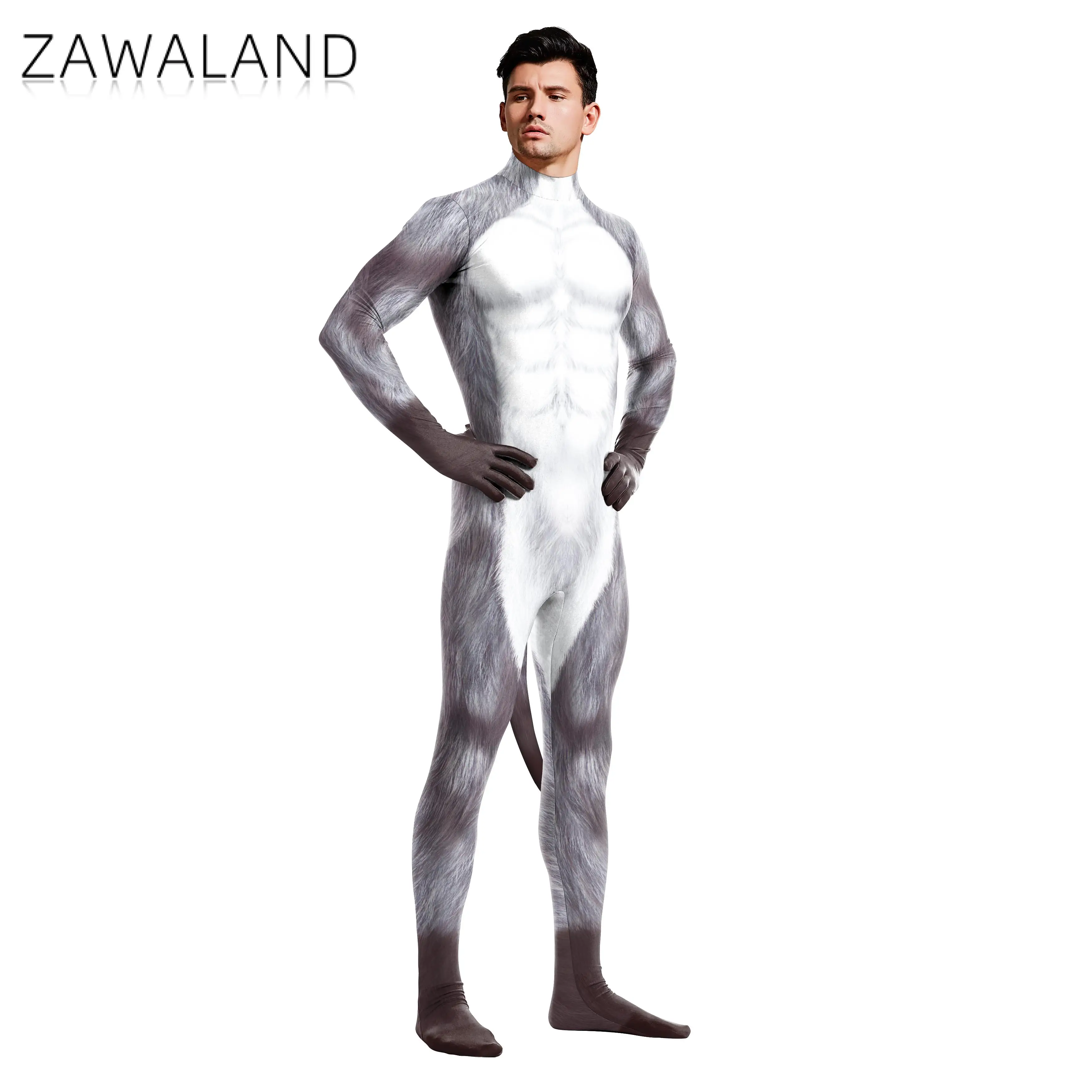 Zawaland Halloween Karneval Cosplay Schnee Wolf 3D Gedruckt Overall Langarm Engen Catsuit Kostüme Zentai Bodysuit mit Schwanz