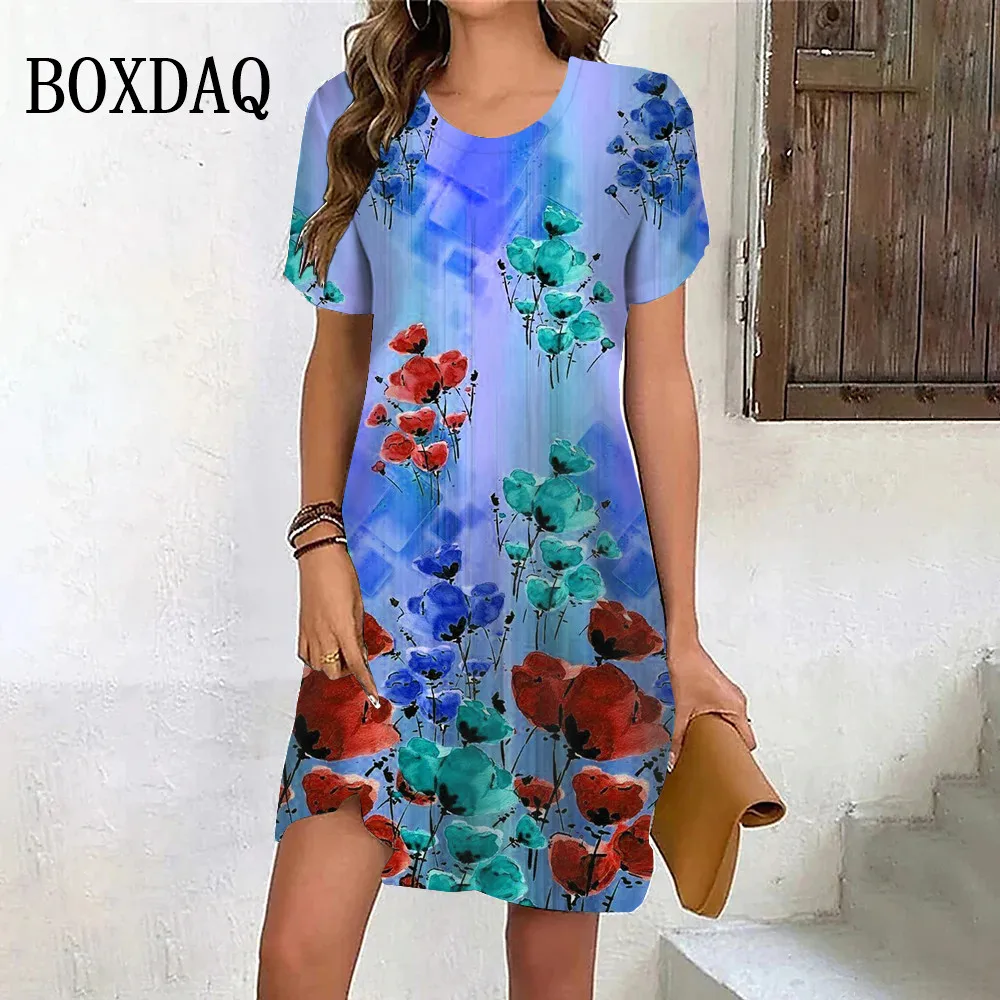 Vintage Tie Dye Oil Painting Dresses Women Plus Size Dresses Summer 2024 Short Sleeve Mini Dress Casual Retro Flower Print Dress