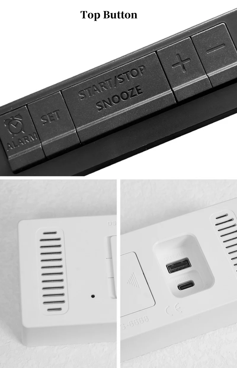 Digitaler Wecker mit Temperaturanzeige, Datums- und Wochenanzeige, 2 Alarmeinstellungen, Schlummerfunktion, Tischuhr, automatische Helligkeitsanpassung, 12/24-Stunden-Anzeige, Tagessatzfunktion, LED-Anzeige und USB-Ladeanschluss. – Detail 3