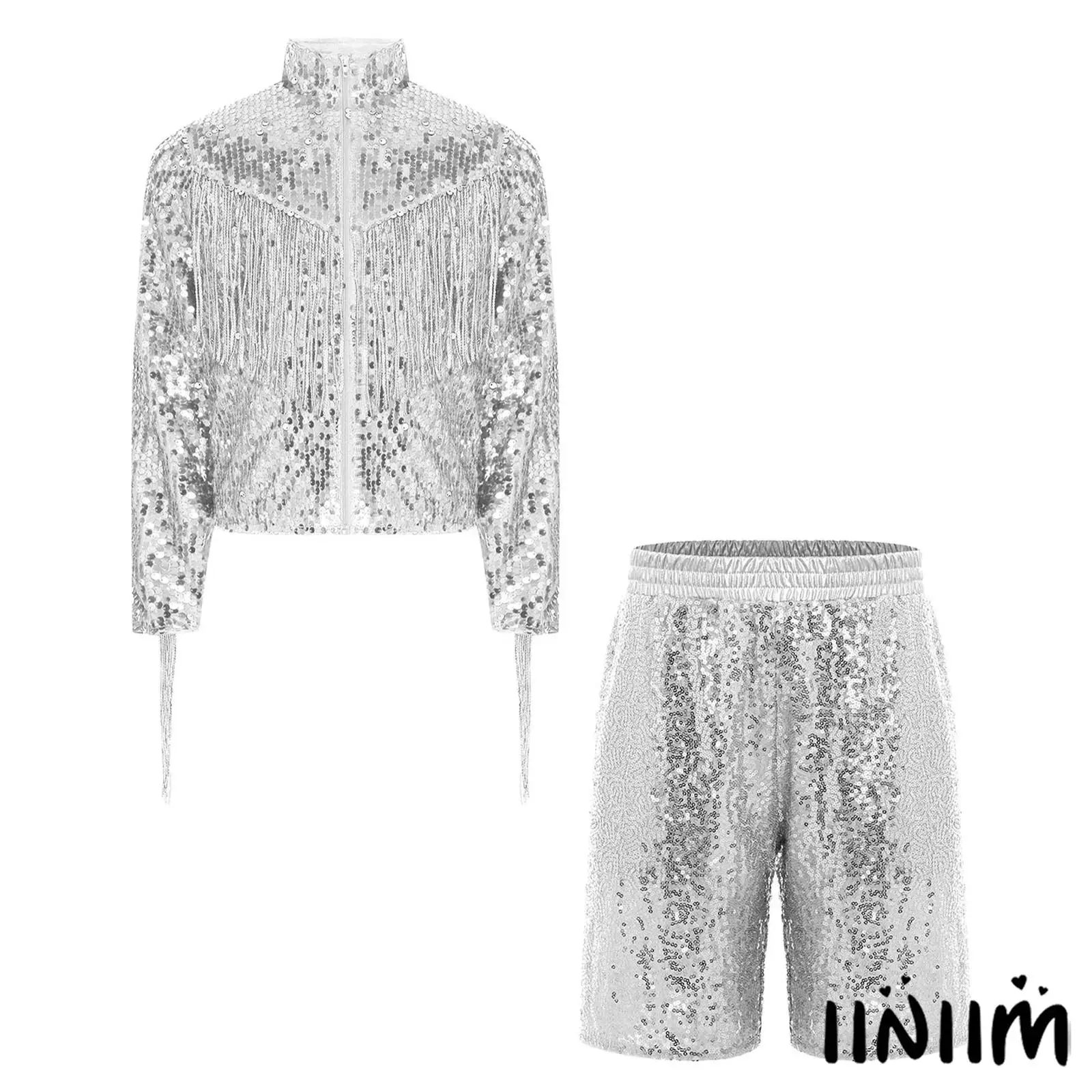 

Kids Boys Jazz Street Dance Glittery Sequin Outfit Long Sleeve Mock Neck Front Zipper Tassel Jacket And Shorts with Pockets