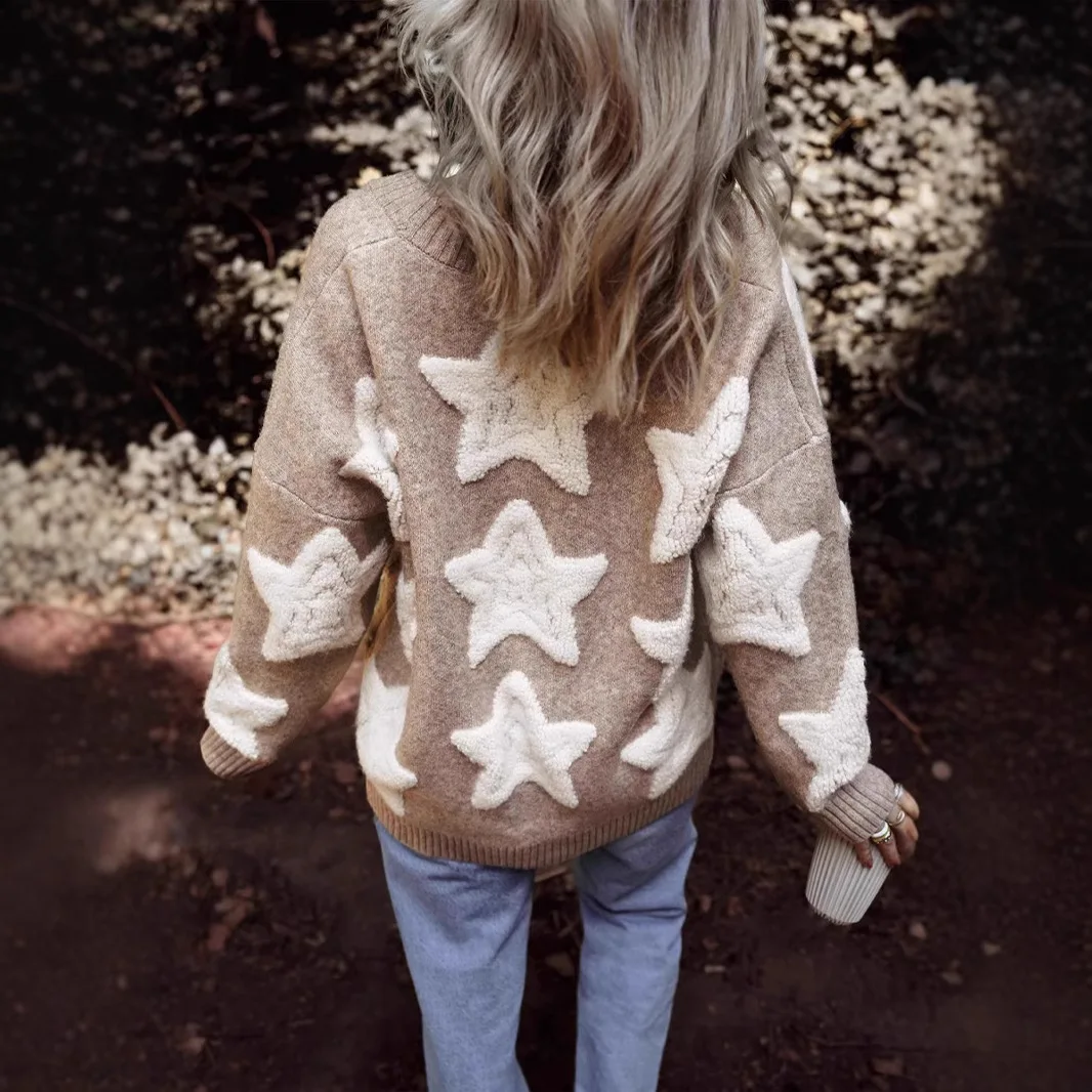 

Casual Stars Pattern Jacquard Sweater Cardigan Knitted Thick Autumn Winter Warm Sweaters for Women Jacket Long Sleeve Loose Coat