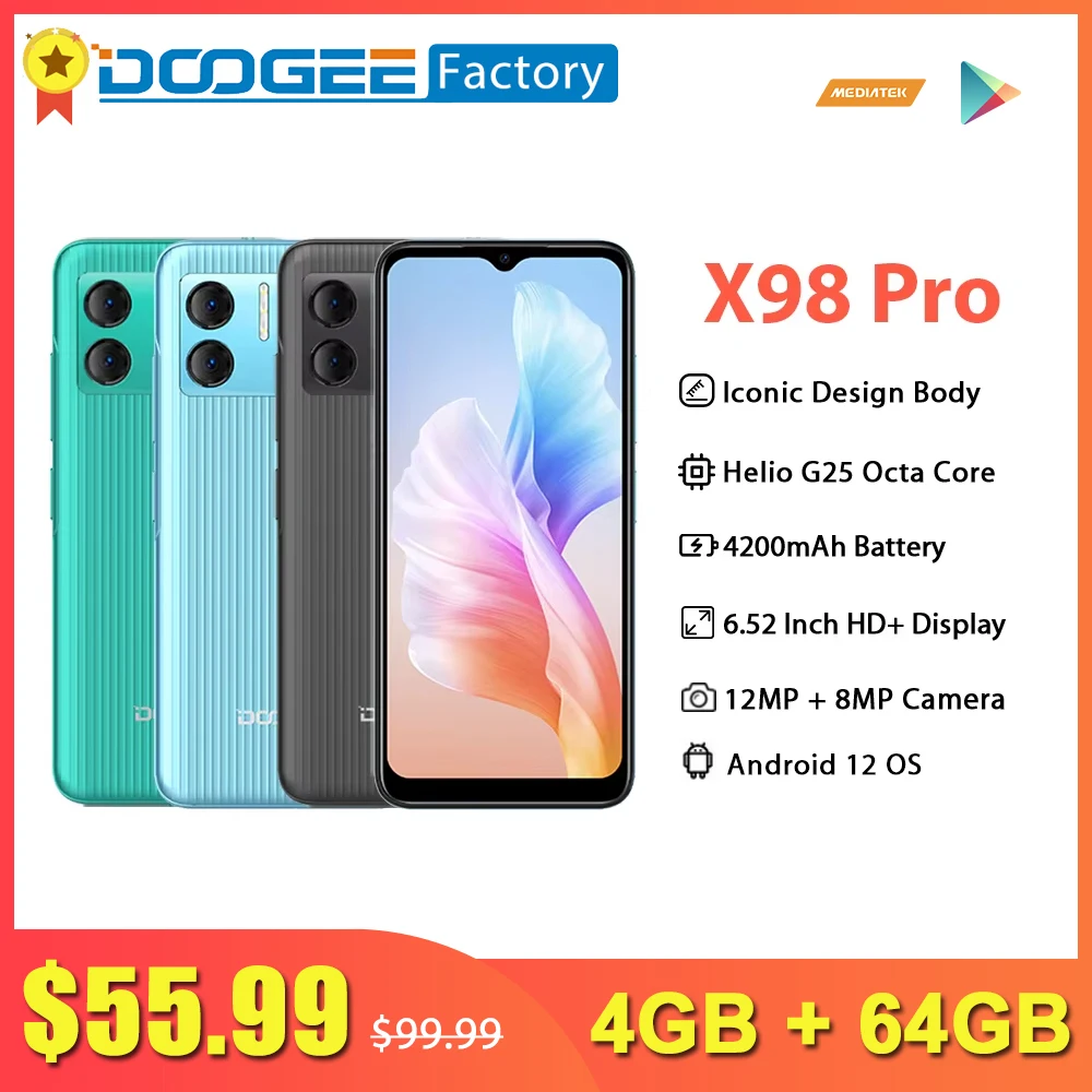 Смартфон Doogee X98 Pro, 4 + 64 ГБ, 6,52 дюйма, 12 Мп, 4200 ма ч