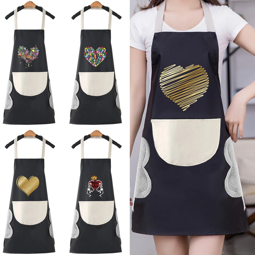 

New Kitchen Apron Women Household Cleaning Waterproof Pinafore Cooking Baking Adult BIb Love Pattern Cafes Studios Uniform